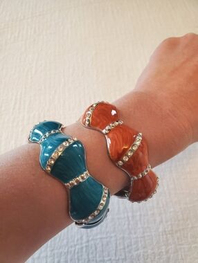 Duo Set Of Turquois Blue & Coral Orange Sculptural Hinge Bangle Bracelets